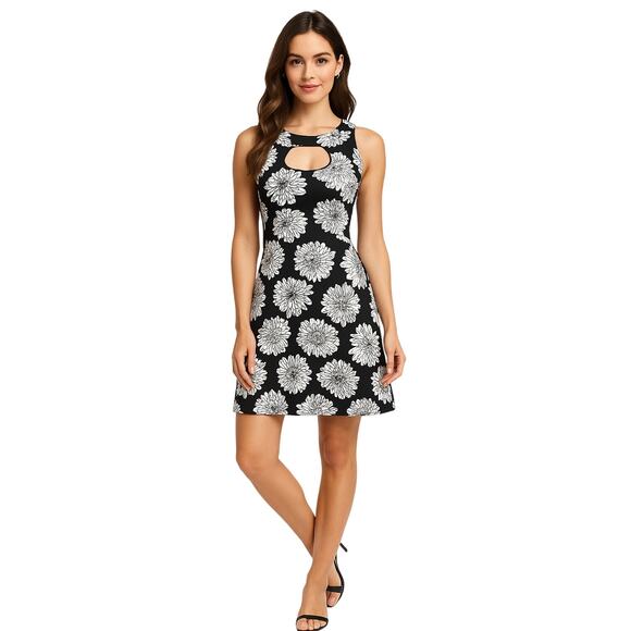 Aryeh Black & White Floral Keyhole A-Line Dress, Size Large Knee-Length - Picture 1 of 5